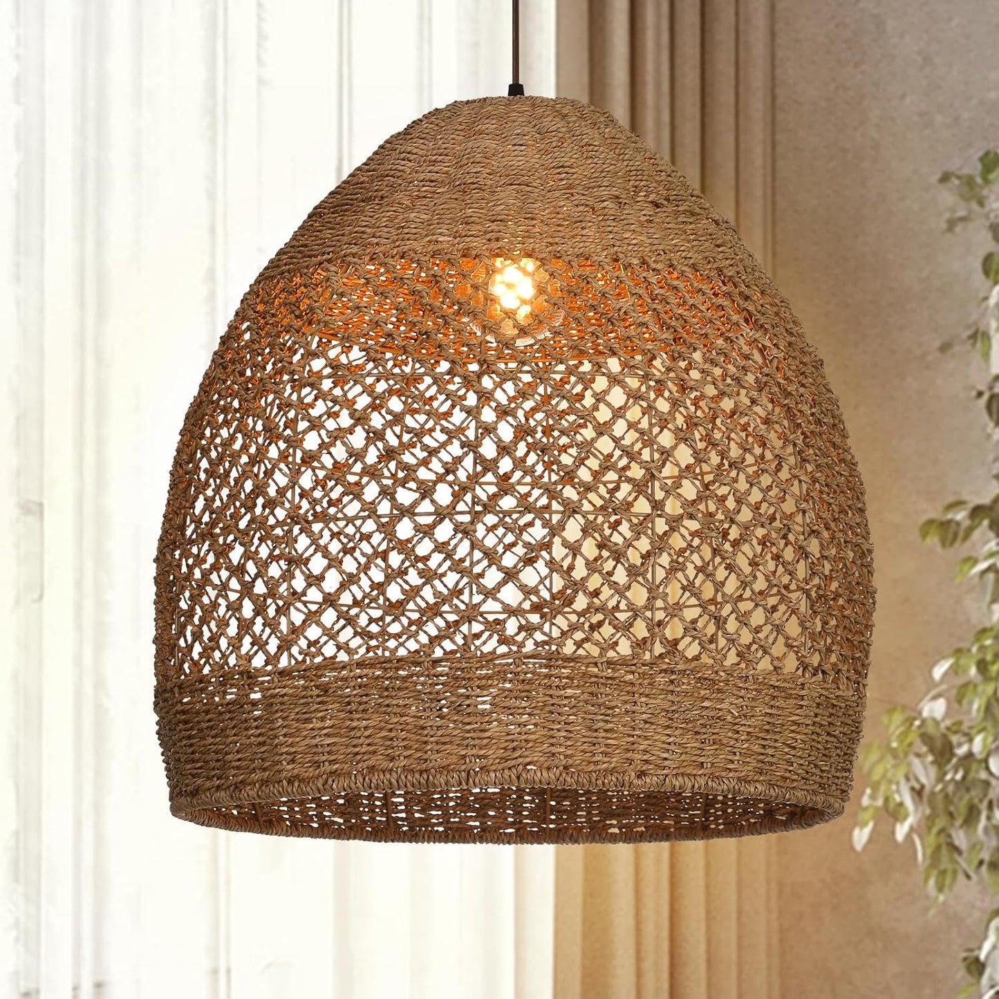 Arturesthome Rustic Rattan Pendant Light,Basket Hanging Light Ceiling Lamp for Dining Room,23.6" Farmhouse Wicker Chandelier for Living Room Foyer Bedroom Hallway