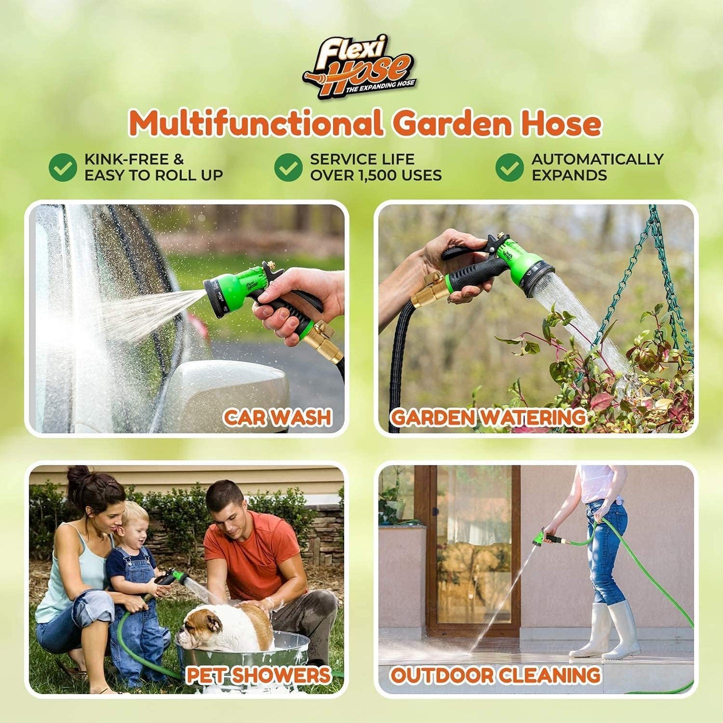 Flexi Hose with 8 Function Nozzle, 150FT - Lightweight Expandable Garden Hose, No-Kink Flexibility, 3/4 Inch Solid Brass Fittings and Double Latex Core