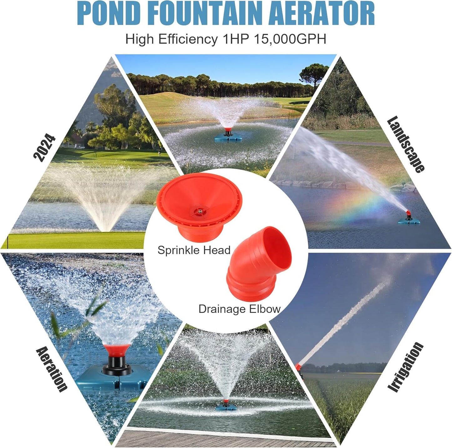 Goldlife Pond Fountain Aerator, F2-2 1HP 750W 110V Stainless Steel Floating Fountain With 100 Feet Power Cord, Aerating Fountain Pond Cascade Pump for Small Large Ponds Lake Jet System