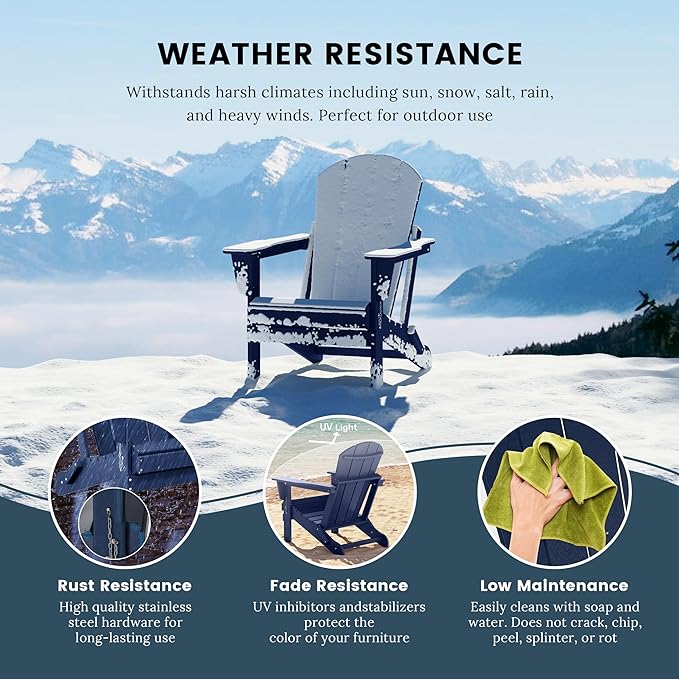 Westin Outdoors Laguna WO Outdoor Adirondack Folding Patio Chairs 8 PCS Set Retro Beach Aesthetic for Backyard, Lawn, Patio, Deck, Garden, Weather Resistant Polyethylene Plastic Lounger (Navy Blue)