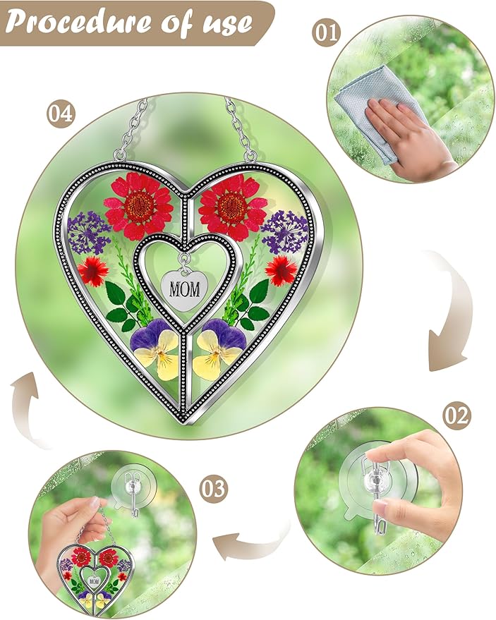 KY&BOSAM Heart Suncatcher Mom Gift Ornament Stained Glass Panles Hangings for Windows Sun Catcher with Pressed Flower Heart in Glass Birthday Gifts for Women Mother`s Day Christmas Home Garden Decor