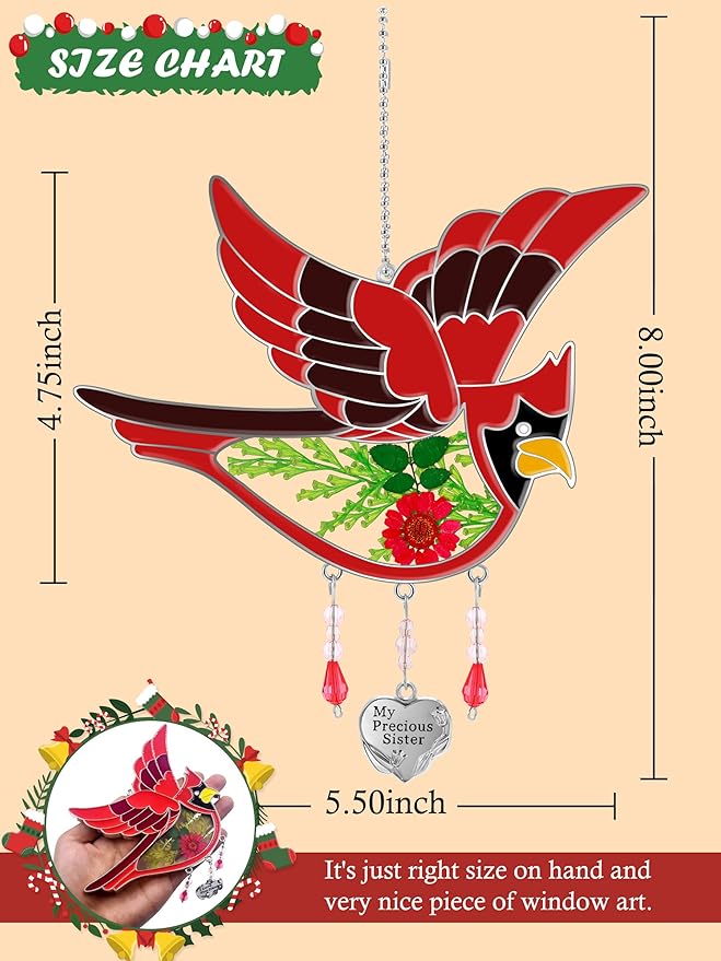 KY&BOSAM Cardinal Suncatcher Stain Glass My Precious Sister Had-Painted Sun Catcher Hanging for Window Wind Chime Gifts for Sister Mother`s Day Valentine's Birthday Christmas Thanksgiving