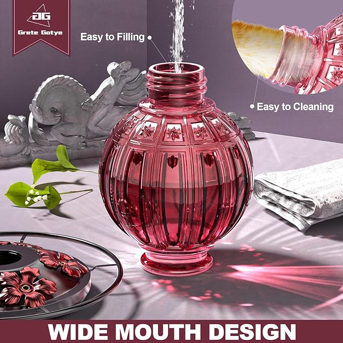 2 Pack Glass Hummingbird Feeder for Outdoors Hanging, Bird Nectar Feeder with Perch & 5 Flower Feeding Ports, 26 Oz Leak Proof for Outside Garden Decor Backyard, Gifts for Women Mom, Red