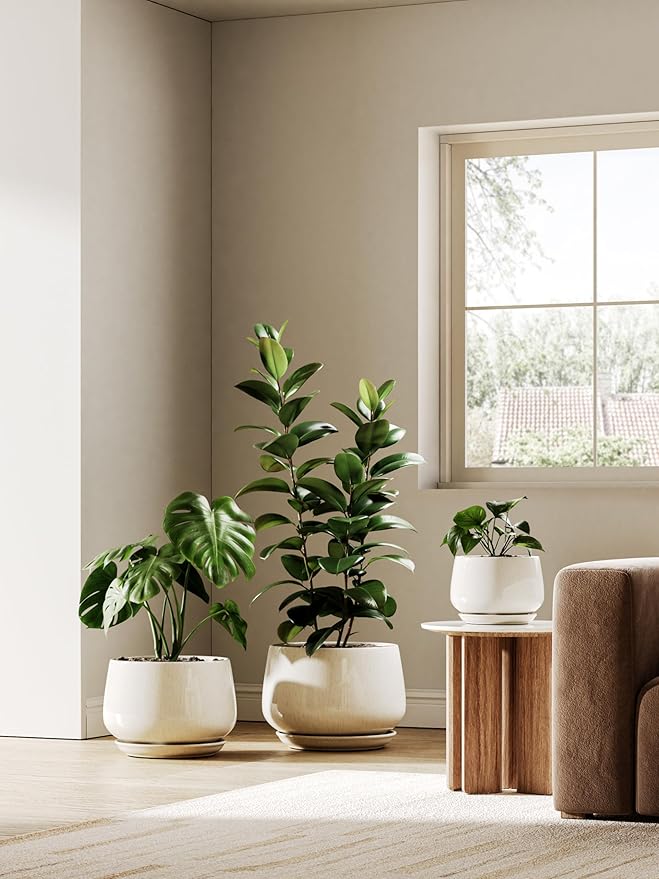 LE TAUCI Ceramic Planters, 10 Inch Pots for Plants, Indoor Plant Pots with Drainage Holes and Saucers, Modern Planters Fit Mid Century Plant Stand, Flower Pots for Indoor Plants, Reactive Glaze Beige