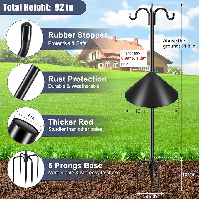 Gtongoko Bird Feeder Pole Squirrel Proof, 92 Inch Double Shepherds Hook for Outdoor with Squirrel Baffles Adjustable Heavy Duty with 5 Prongs Base for Hanging Plants, Bird Feeders, Black