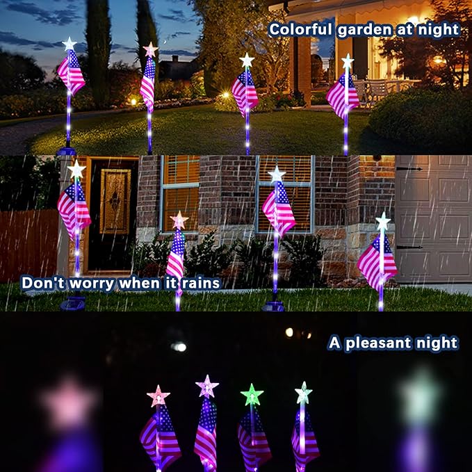 4PCS American Flag Lights 4th of July Solar Patriotic Lawn Light, Garden Stake Light LED Landscape Light Pathway Light for Independence Day Memorial Day Decor(Color Changing-Star)