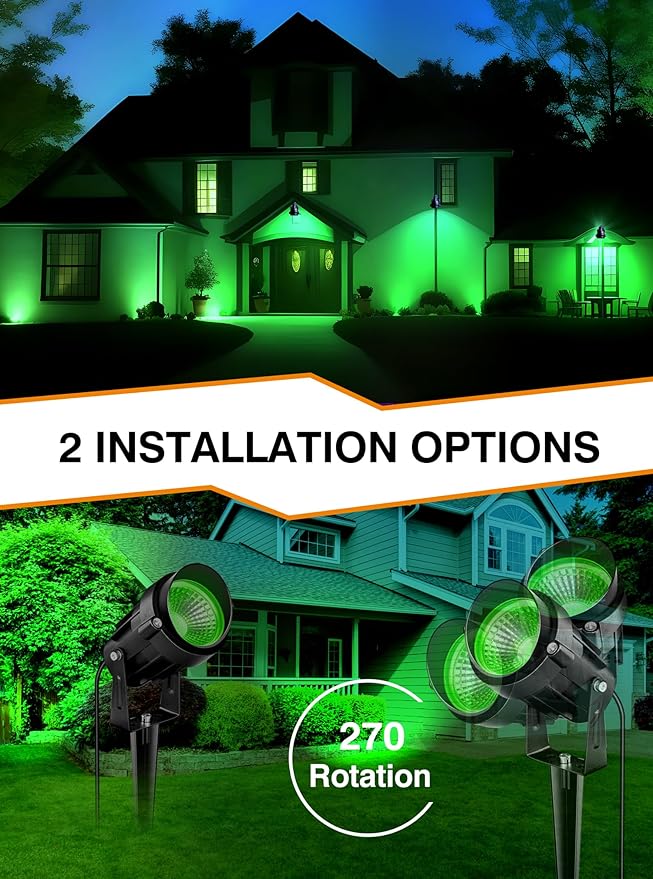 7W Green LED Landscape Lights, 110v 120V Plug in Landscape Lighting with IP66 Waterproof Halloween Christmas Spotlights for Garden Pathway Tree Pathway, 2 Pack