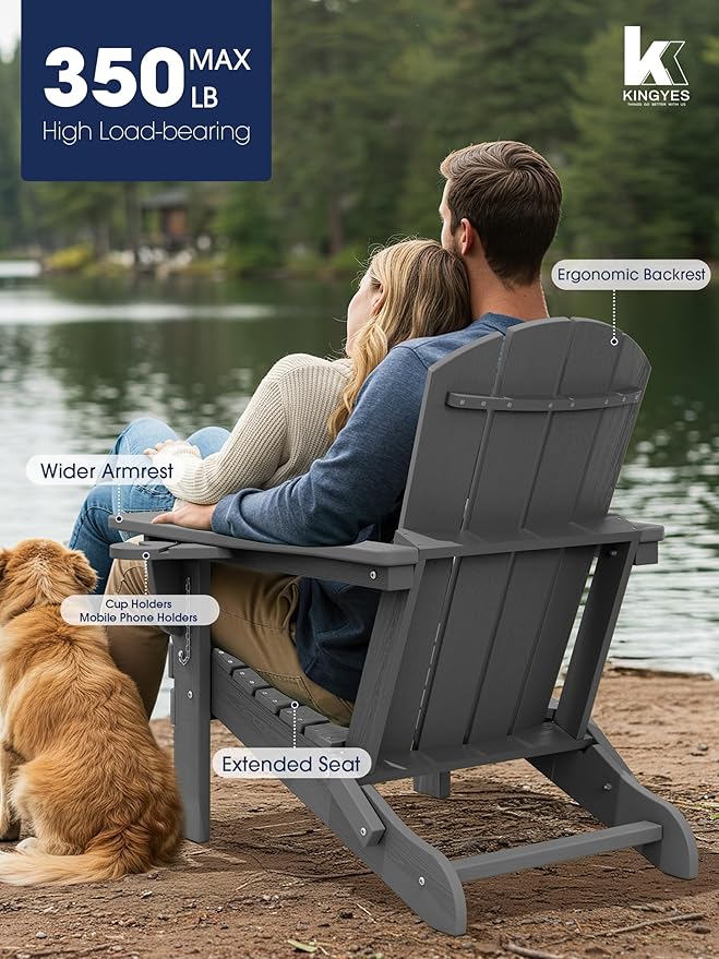 KINGYES Folding Adirondack Chair Set of 8, Dual Cup Holders & All-Weather HDPE, Wood-Like Patio Chair for Backyard, Camping, Pool & Fire Pit, Grey
