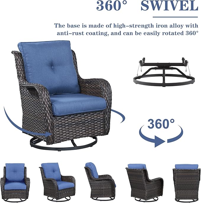 Outdoor Swivel Rcoker Patio Chairs - Outdoor Swivel Patio Chairs Set of 2 Wicker Chair Patio Furniture Sets with Covered Cushion for Porch Deck Balcony Garden, Blue