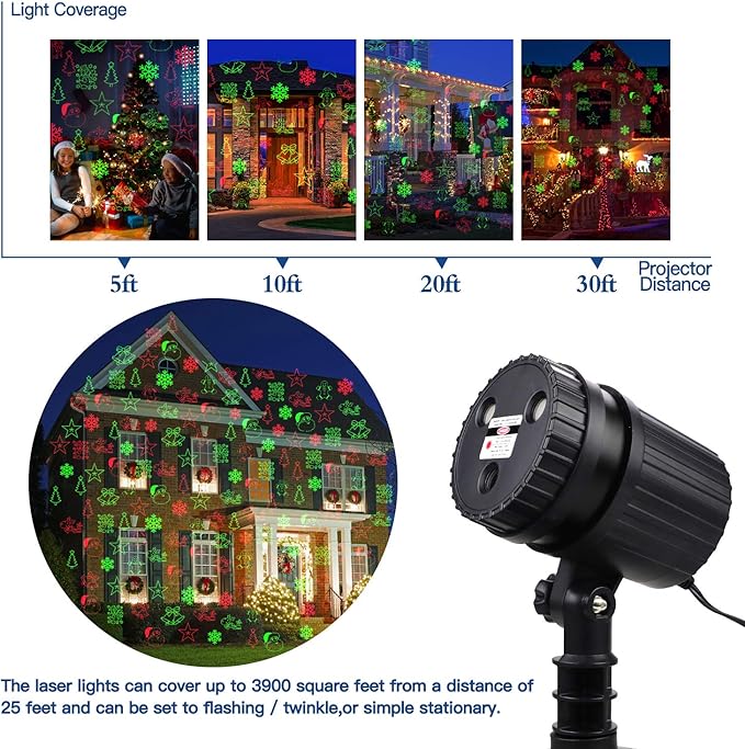 Christmas Laser Lights Projector Outdoor, Projector Lights Landscape Spotlight Red and Green Star Show with Xmas Decoration Patterns for Indoor Outdoor Garden Patio Wall Yard
