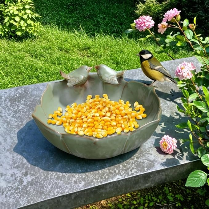 Bird Bath for Outside on Ground, 10 in Ceramic Birds Bath Bowl, Handmade Ground Bird Feeders and birdbath for Outdoors for Outdoors, Garden, Tabletop, Balcony and Lawn (Big - shallow)