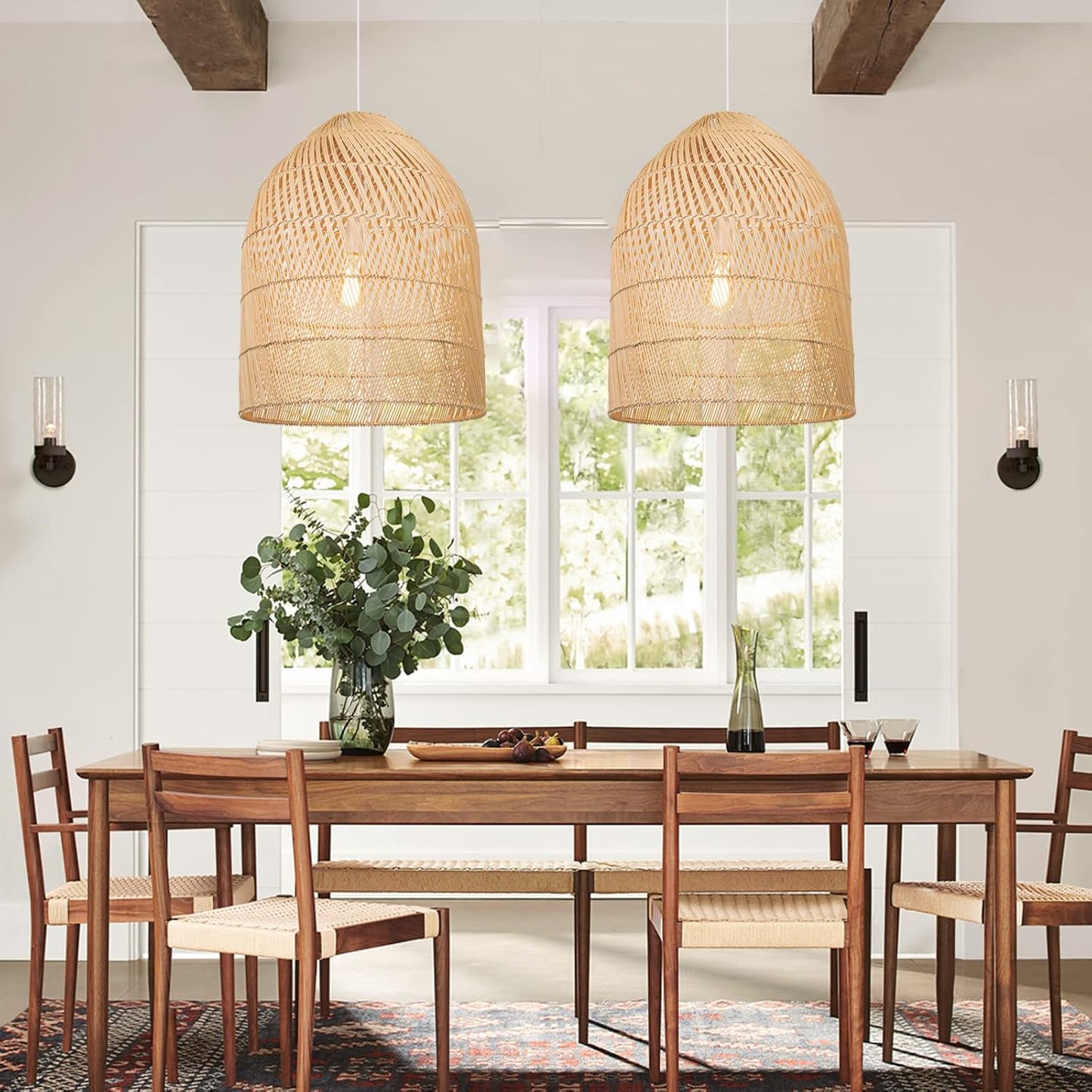 Arturesthome 1 Light Wicker Bell Pendant Lamp, Design Basket Rattan Woven Pendant Light Shades, Handmade Hanging Ceiling Lights Crafts Lampshade 16.5"*20.8"