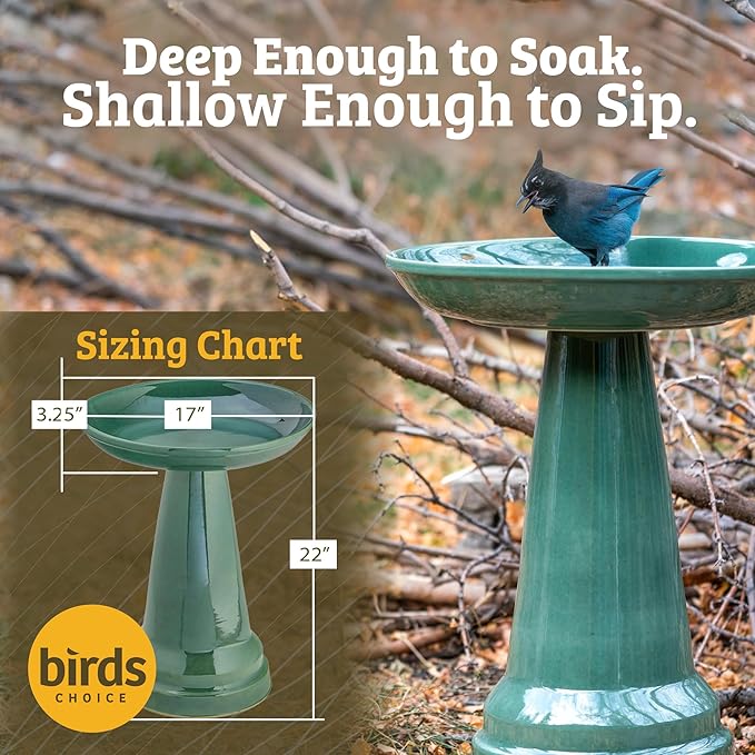 Birds Choice Ohio Stoneware Bird Bath | Pedestal Bird Bath, Stable Locking Top | Weather-Resistant Ceramic Clay, Glazed Finish | Outdoor Garden & Patio Decor | 22" H x 17" D, Burgundy