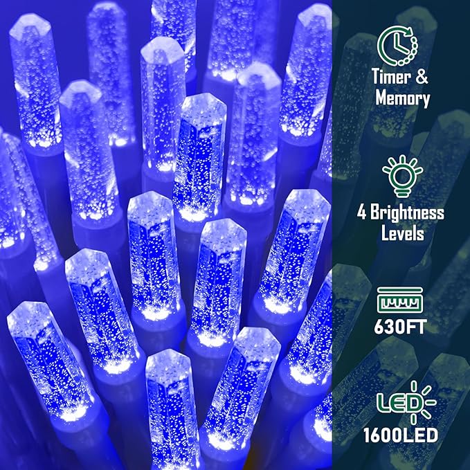 Heceltt 1600 LED 630 FT String Lights Outdoor, 8 Modes Christmas Lights Plug in, IP44 Waterproof Led String Lights with Timer and Memory for Christmas Holiday Wedding Decorations (Blue)