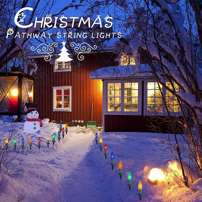 C9 Christmas Pathway Lights Outdoor, 25.7 Feet 20 LED C9 Strawberry Walkway Lights with Marker Stakes, Connectable Shatterproof C9 String Lights for Outside Yard Decorations, Multicolored, 4 Pack