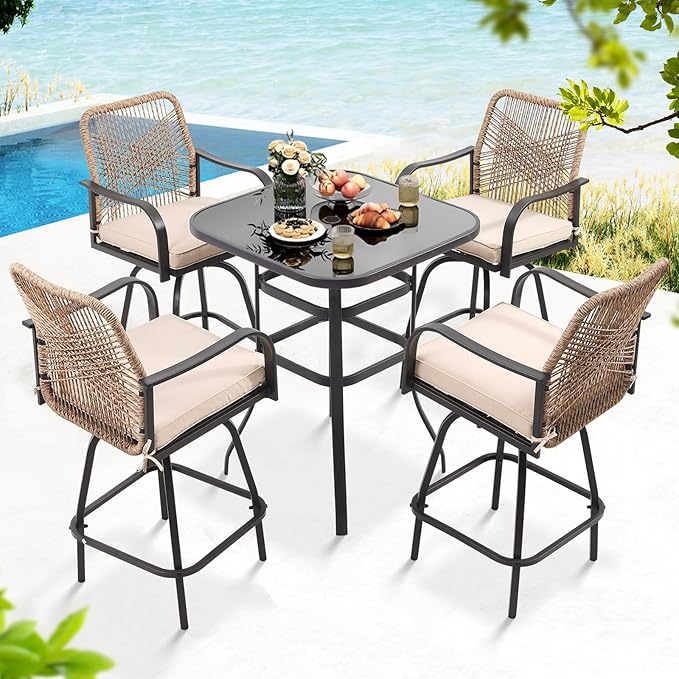 Outdoor Bar Stools Set of 2, Patio Swivel Counter Height Rattan Bar Stools, Patio Wicker Bar Swivel Chairs with Cushion, Outdoor Pool Bar Chairs for Backyard Garden Balcony w /360 Rotation