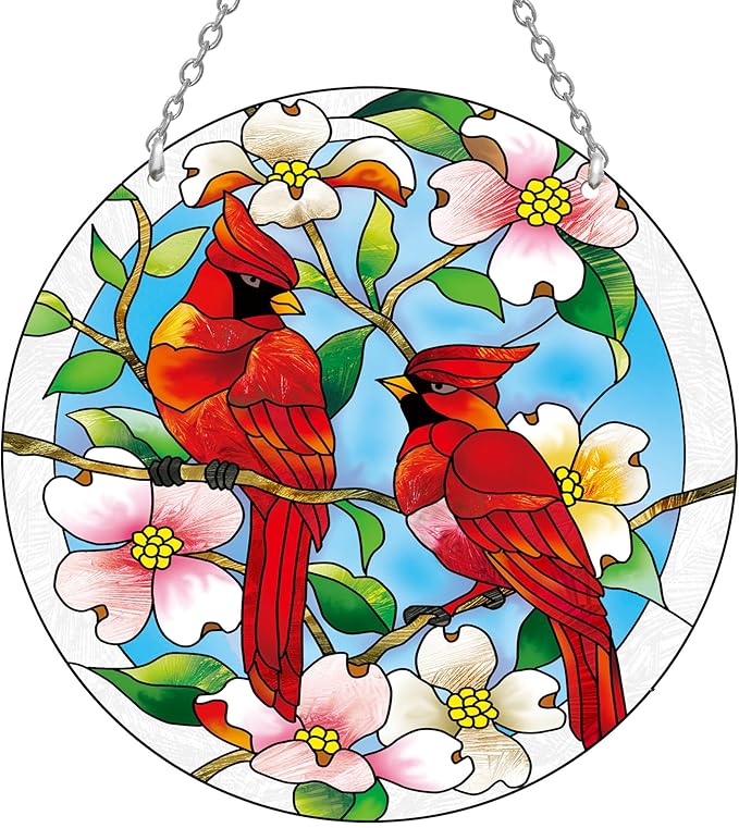AUFURI Large Size Cardinal Suncatcher - 8.6 inch Stained Glass Window Hanging - Pairs of Red Cardinal Birds - Cardinal Gifts for Women, Hand Painted Glass Cardinal for Birds Lover, Window (8.6inch)