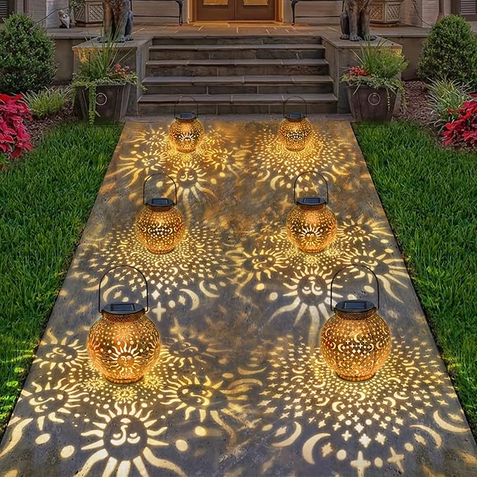 Go2garden Outdoor Solar Lanterns Waterproof Garden Gifts Women Yard Decorations Metal Moon Sun Hanging Solar Lights for Patio, Balcony, Tabletop,Birthday Mothers Day Gifts for Mom (Bronze,2Pack)