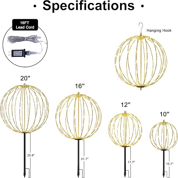 LIGHTSHARE 10IN 48LED Light Ball Yard Decoration Pathway Lights Sphere Light with Fold Flat Metal Frame Indoor Outdoor Waterproof Garden Lights, White Frame / Warm White Lights, 10