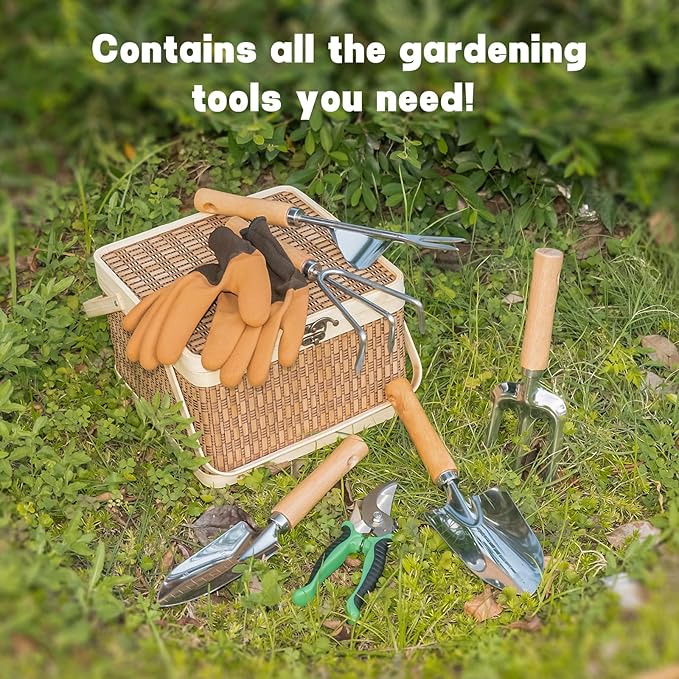 8 Piece Heavy Duty Gardening Hand Tools Set with Bamboo Gift Box Pruning Shears, Weeder and Heavy Duty Stainless Steel Gardening Tools with Wooden Handles - Ideal Gardening Gift for Women