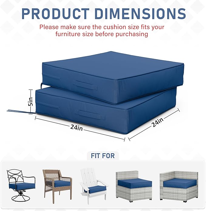 Patio Chair Cushions 24 X 24 X 5 Inch Waterproof Outdoor Seat Cushions for Patio Furniture, Outdoor Sofa Couch Pads with Ties & Handle, Set of 2, Blue