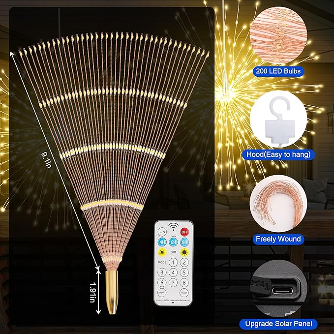Solar Firework Lights Outdoor, 600 LED Starburst Light Outdoor with USB Rechargerable, 8 Modes Waterproof Solar Hanging Lights for Gazebo Yard Party Wedding Decorations (Warm White, 600 LED)