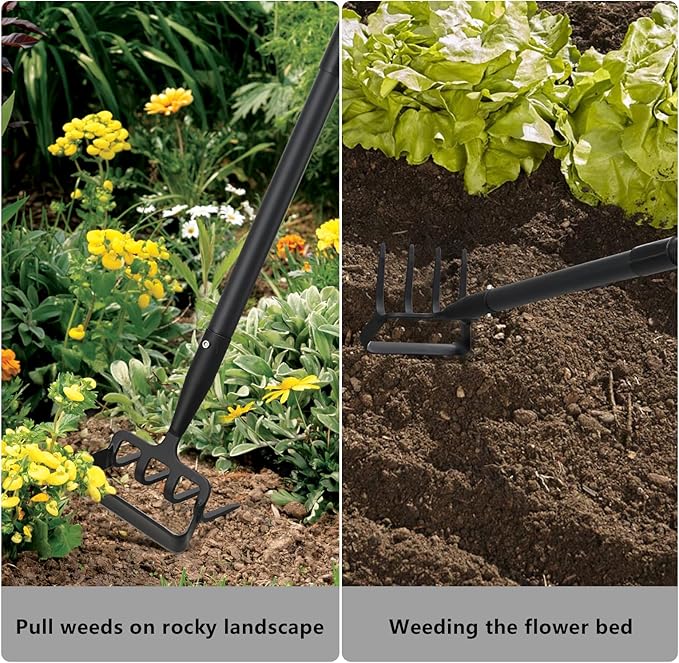 BsBsBest Hoe Garden Tools, 37-62 Inch Gardening Tools for Weeding, Stirrup Hoe Long Handle for Yard Weed Puller, Scuffle Hula Adjustable Weeding Loop Hoe for Lawn, Vegetable, Soil, Planting Black