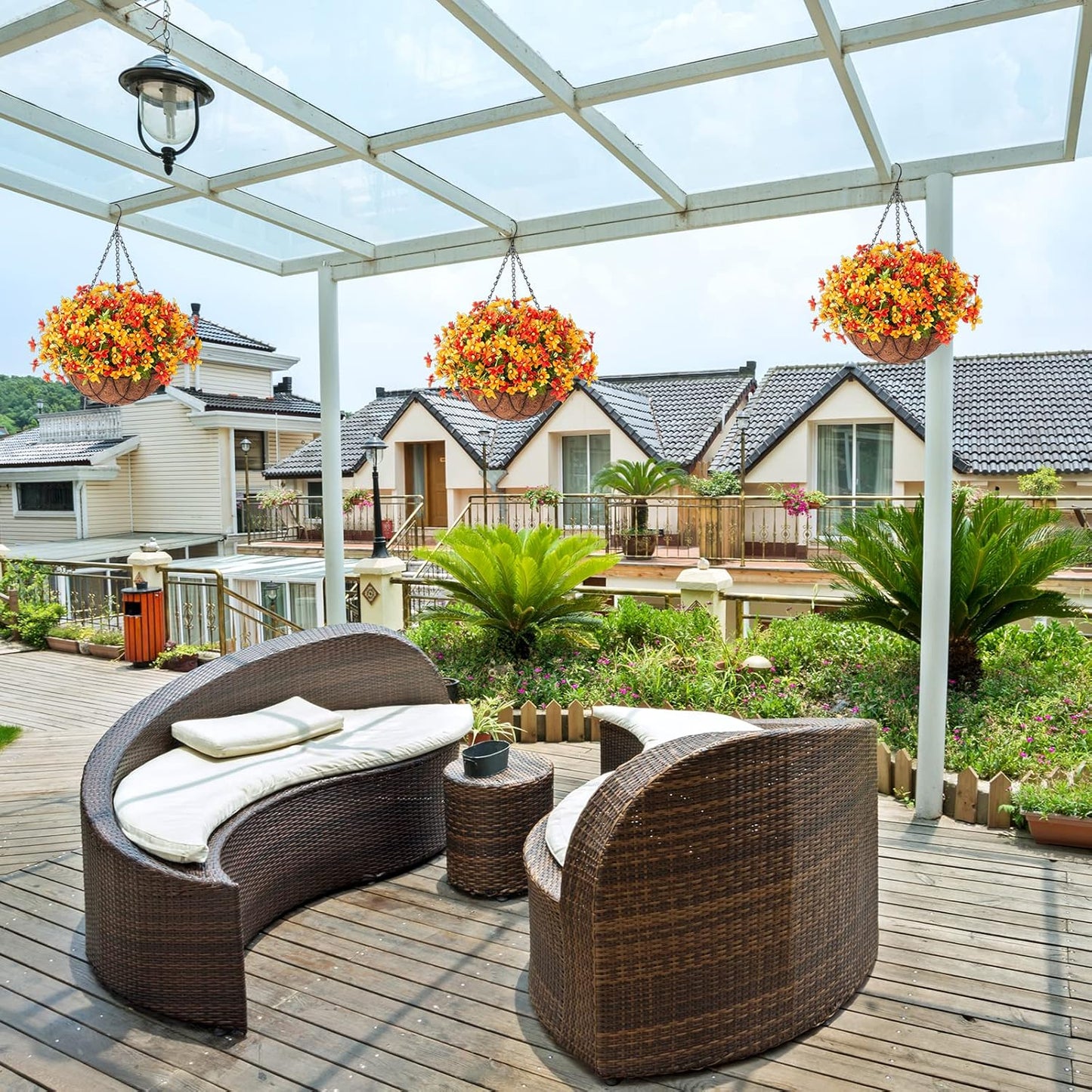 Artificial Silk Flowers Hanging Baskets Outdoors,Chrysanthemum with Eucalyptus Leaves Arrangement for Garden Yard Decor,Faux Plant in Metal Coconut Lining Flowerpot(Orange)