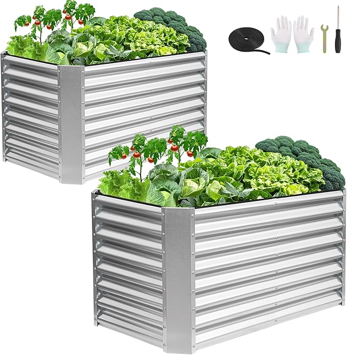 4x2x2ft (2 Pack) Raised Garden Bed - Galvanized Deep Root Planter Boxes Outdoor with Wing Nuts and Safety Edges for Gardening Vegetables, Flowers, Herbs, Succulents - Silver