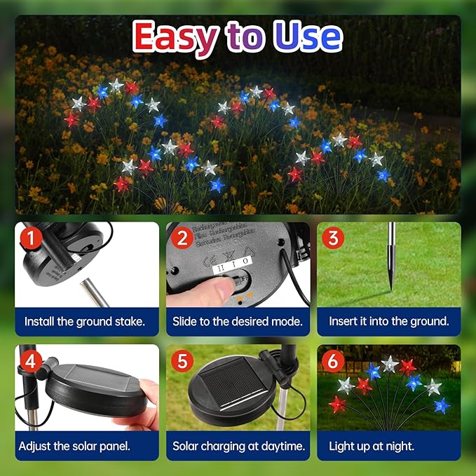 4th of July Decorations Solar Garden Lights, Fourth of July Red White and Blue Light Solar Lights Outdoor, Waterproof Patriotic Decor with 9 LED 2 Lighting Modes for Independence Day, 2 Pack