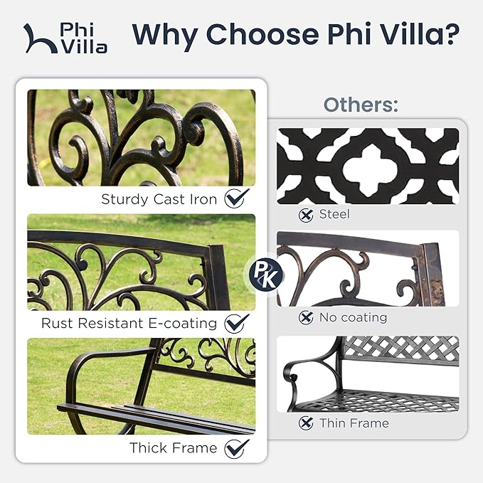 PHI VILLA 50Inch Cast Iron Steel Frame Garden Bench Patio Furniture Chair Outdoor Bench w/Floral Design Backrest, Slatted Seat for Park, Yard & Porch, Bronze