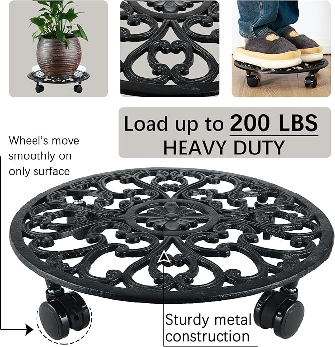 2 Packs 14 Inch Rolling Plant Stand with Wheels Metal Plant Caddy with Wheels Heavy Duty Round Plant Stand Indoor Iron Plants Rollers for Plants, Plant Dolly with Plant Saucers