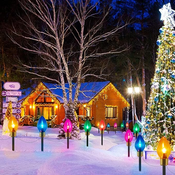 Christmas Lights Jumbo C9 Outdoor Lawn Decorations with Pathway Marker Stakes, 8.5ft C7 Lights Covered Jumbo Glitter Multicolor Bulb for Holiday Outside Yard Garden Decor, 5 Lights