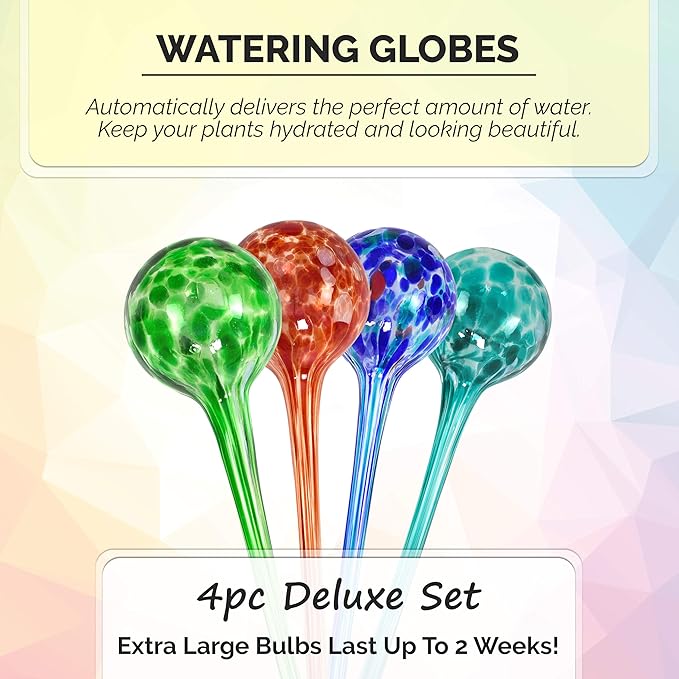 Blazin Indoor Plant Watering Globes | Automatic Self Water Bulbs | Aqua Water Globe | Decorative Hand-Blown Glass | 4pc Deluxe Set (Large)