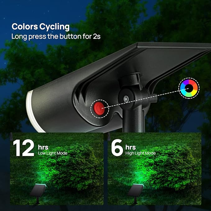 Consciot Solar Spot Lights Outdoor, 16 LEDs IP67 Waterproof Color Changing Solar Outdoor Lights, 8 Colors, Auto On/Off, 2-in-1 Adjustable Wall Lights for Garden Yard Pathway, 4 Pack(RGB)