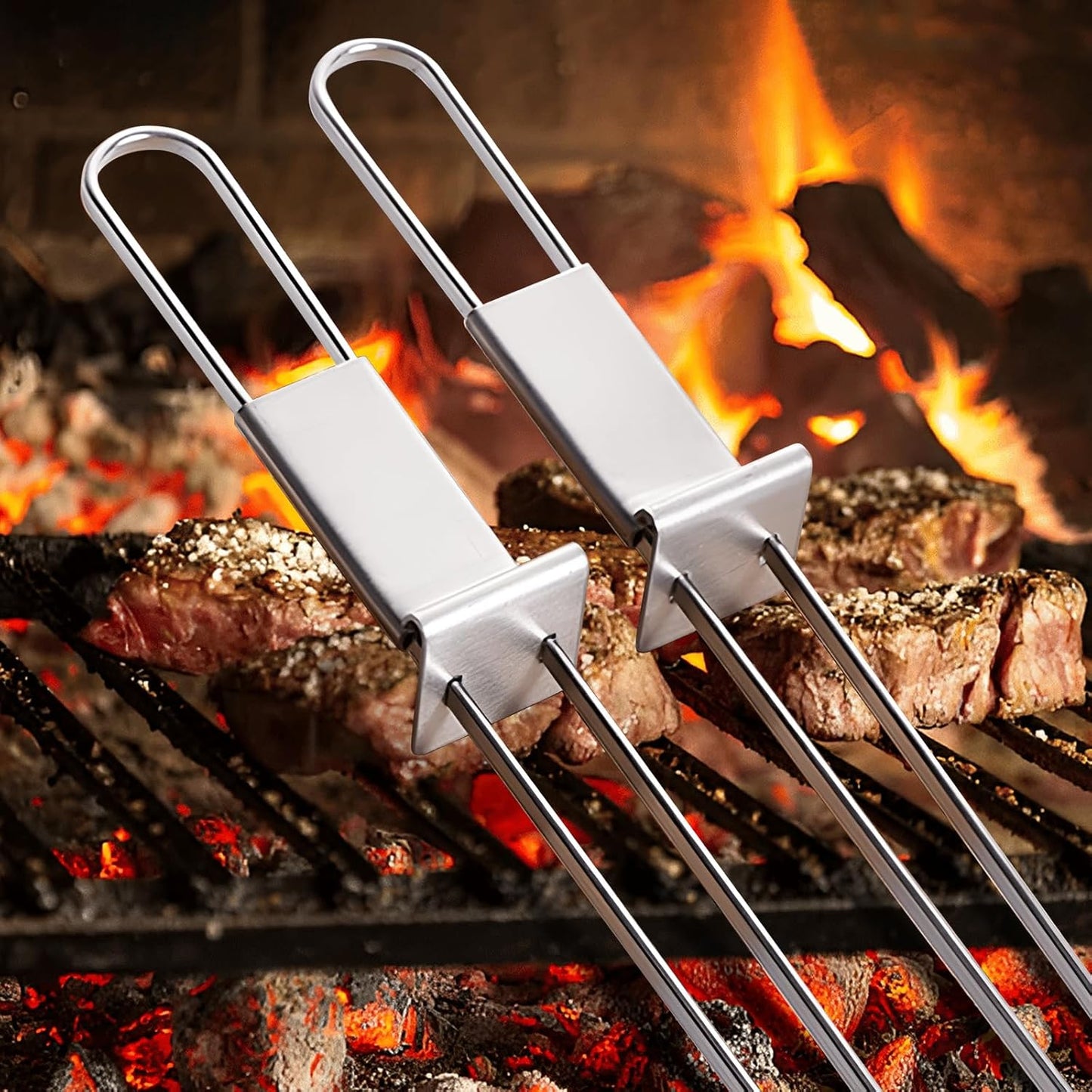 BBQ Skewers,Premium 304 Stainless Steel BBQ Skewers,13 Inch Heavy Duty Metal Kabob Sticks for Grilling, Reusable & Dishwasher Safe (Double fork10)