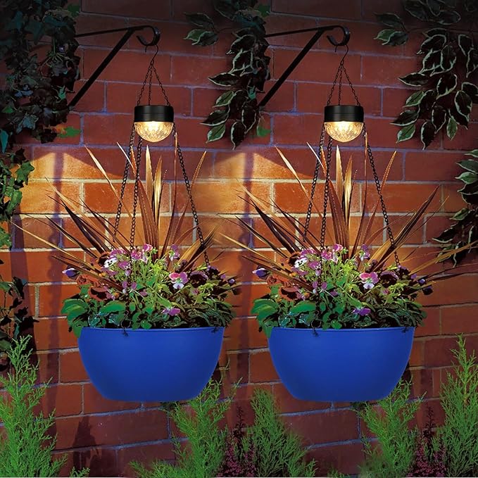 2 Packs Hanging Planters Basket for Outdoor Plants, Solar Powered Self Watering Blue Round Plastic Flower Pots with Drainer for Balcony Patio Garden Outdoor Decoration