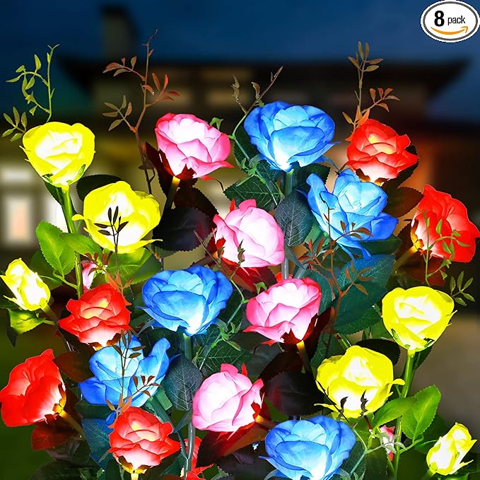 8 Pcs Solar Rose Flower Lights Colorful LED Solar Flower Lights Realistic Outdoor Floral Lights Power Decorative Flower Lights for Garden Patio Yard Pathway Decoration