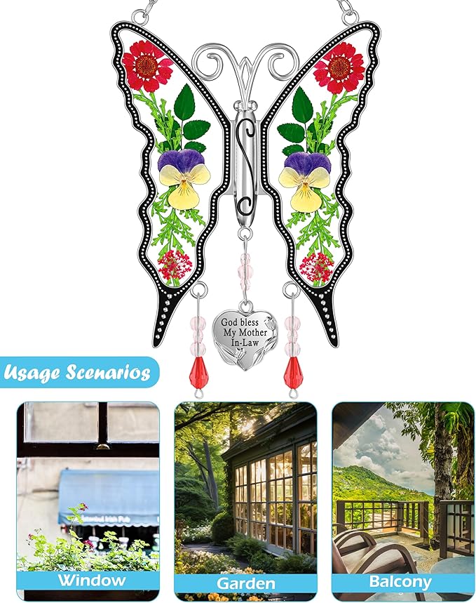 KY&BOSAM Butterfly Suncatcher God Bless My Mother-in-Law Gift Stain Glass Suncatchers for Window Hanging Wind Chime Home Ornament Mom Gift for Mother`s Day Valentine's Birthday Thanksgiving Christmas