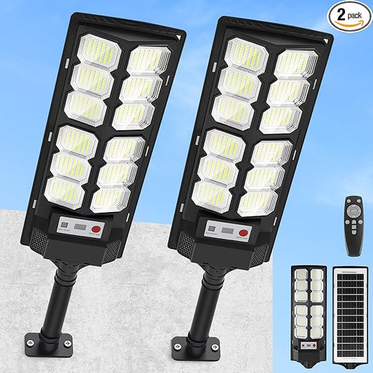 2 Pack Solar Street Lights Outdoor Waterproof 6500K 13000LM LED Solar Flood Lights Dusk to Dawn Parking Lot Light with Motion Sensor and Remote Control for Commercial Area Lighting Yard