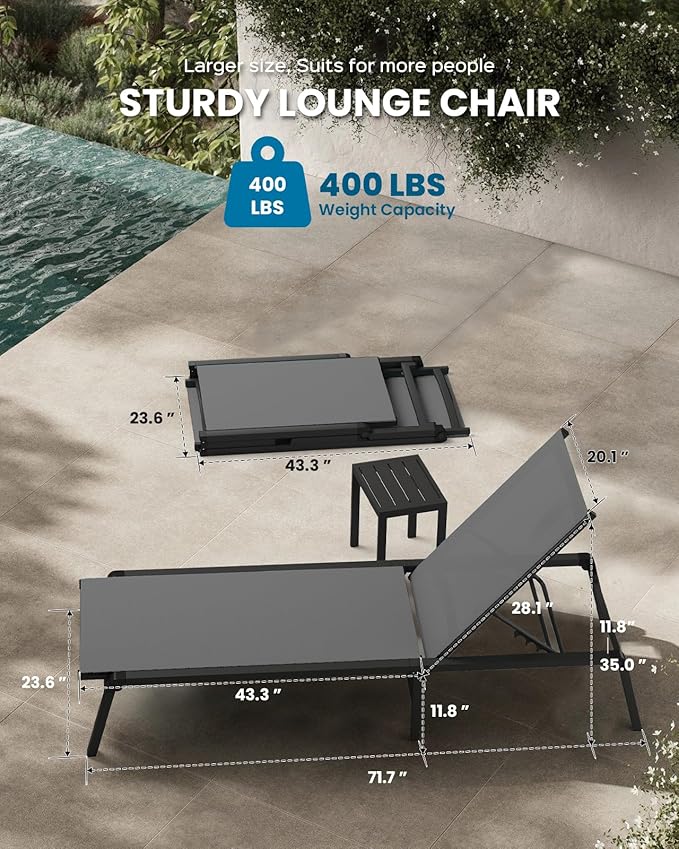 Pool Lounge Chairs Set of 2, Foldable Aluminum Chaise Lounge Outdoor with 5 Positions Recliner - Free Assembly - Patio Chaise Lounge Chair for Poolside, Beach, Yard (Darkgray, 2 Pack)