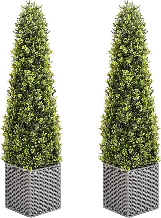 48 Inch Artificial Boxwood Outdoor Topiary Tree Set of 2, 4FT Potted Boxwood Tree Cone Topiary Artificial Plant Shrub for Front Porch Home Office Decor…