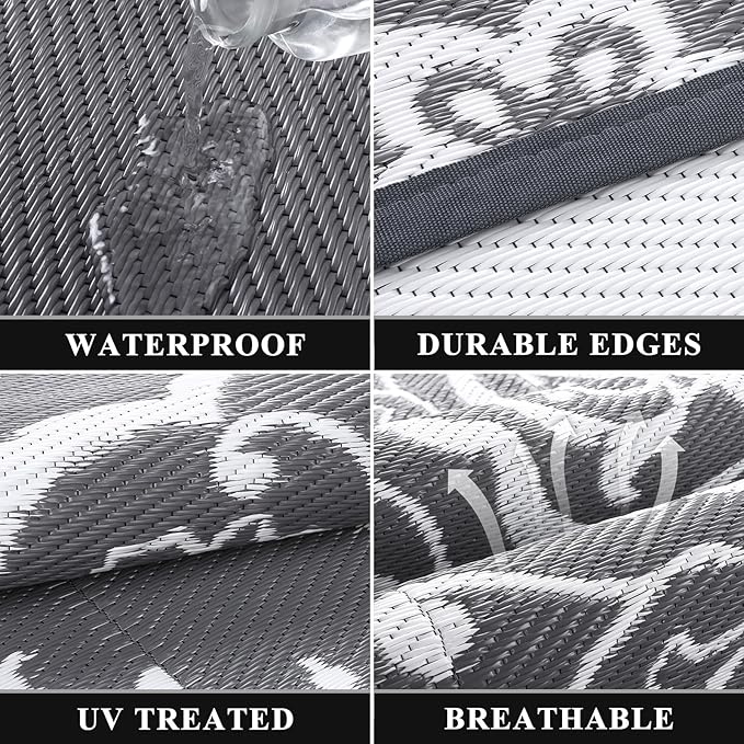 Pauwer Waterproof Outdoor Rug 8x10, Reversible Plastic Straw Patio Camping Rug, Indoor Outdoor RV Mat Carpet for Deck, Camper, Porch, Balcony, Backyard, Picnic, Boho Grey