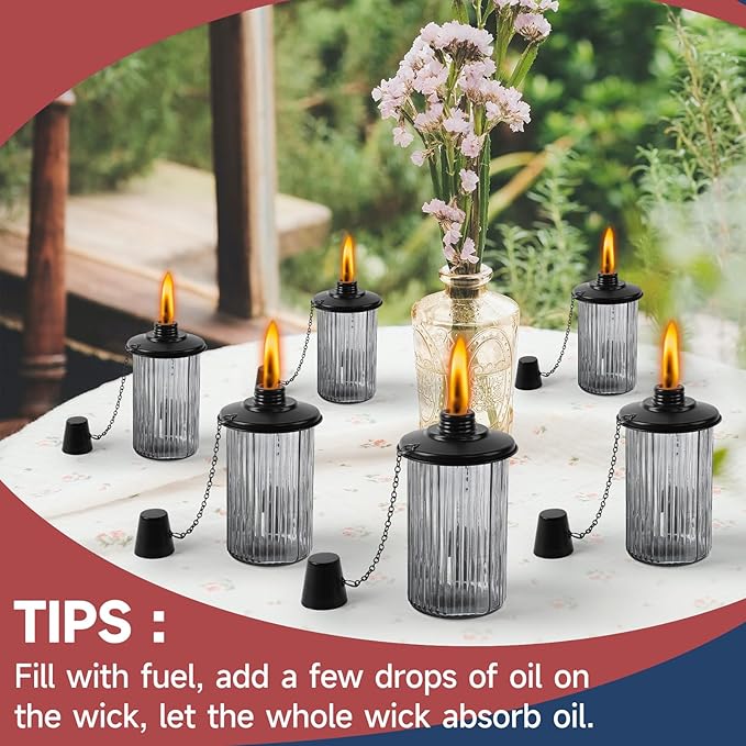 4 Pack Glass Citronella Torches, 16 oz Garden Torches for Outside with 3-Prong Grounded Stake, 55 inch Outdoor Black Glass Flame Light Torch for Yard, Patio, Deck, Garden, Party, Landscape