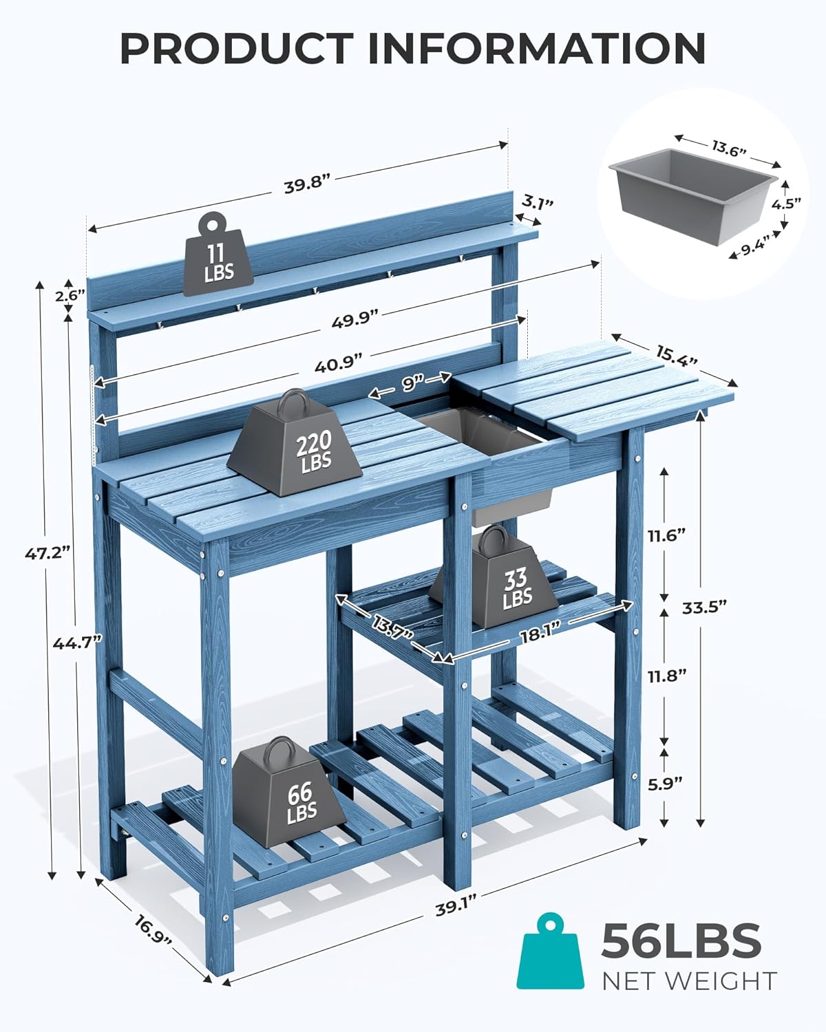 SERWALL Potting Table Outdoor Potting Bench with Sink, HDPE Potting Benches for Outside All Weather Use- Blue
