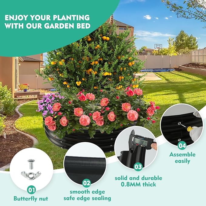 32 Inch Diameter Black Galvanized Garden Raised Bed/Plant Box/Fire Ring - 0.8mm Thick,12 Inch Tall, Perfect for Planting a Variety of Flowers,Herbs,Vegetables (2.7 FT Diameter, Round)