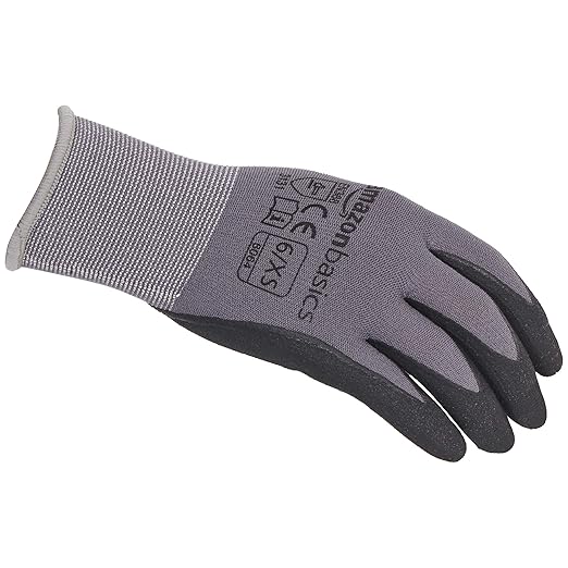 Amazon Basics Micro-Foam Nitrile Coated Work Gloves, Nylon Liner Fiber, Touch Screen, Grey, Size 6/XS, 12-Pair