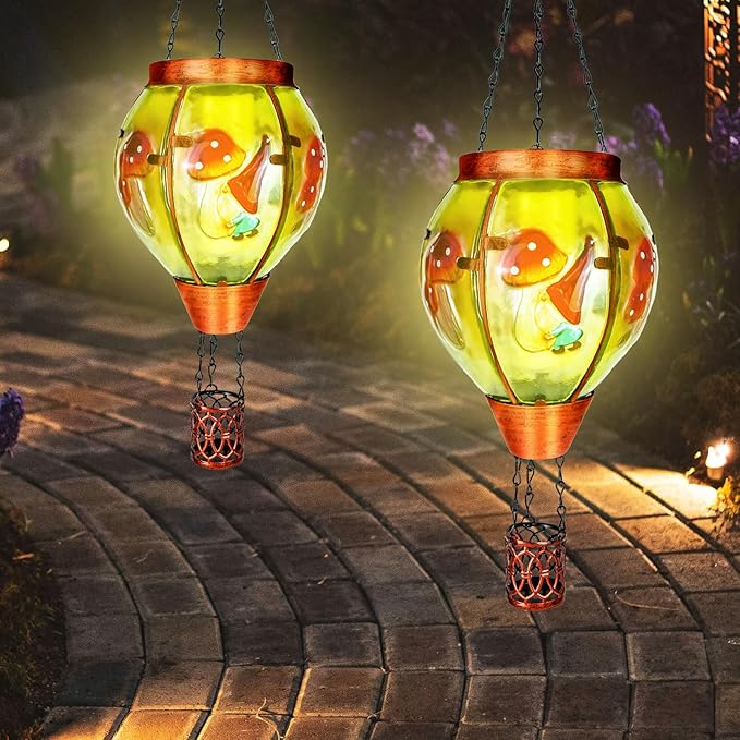 2 Pack Solar Hot Air Balloon Lantern with Flame，Mushroom Gnome Glass Solar Hanging Lanterns Outdoor for Outside Garden Patio Tree Porch Yard, Mushroom Gifts for Women Grandma Mom - Mushroom