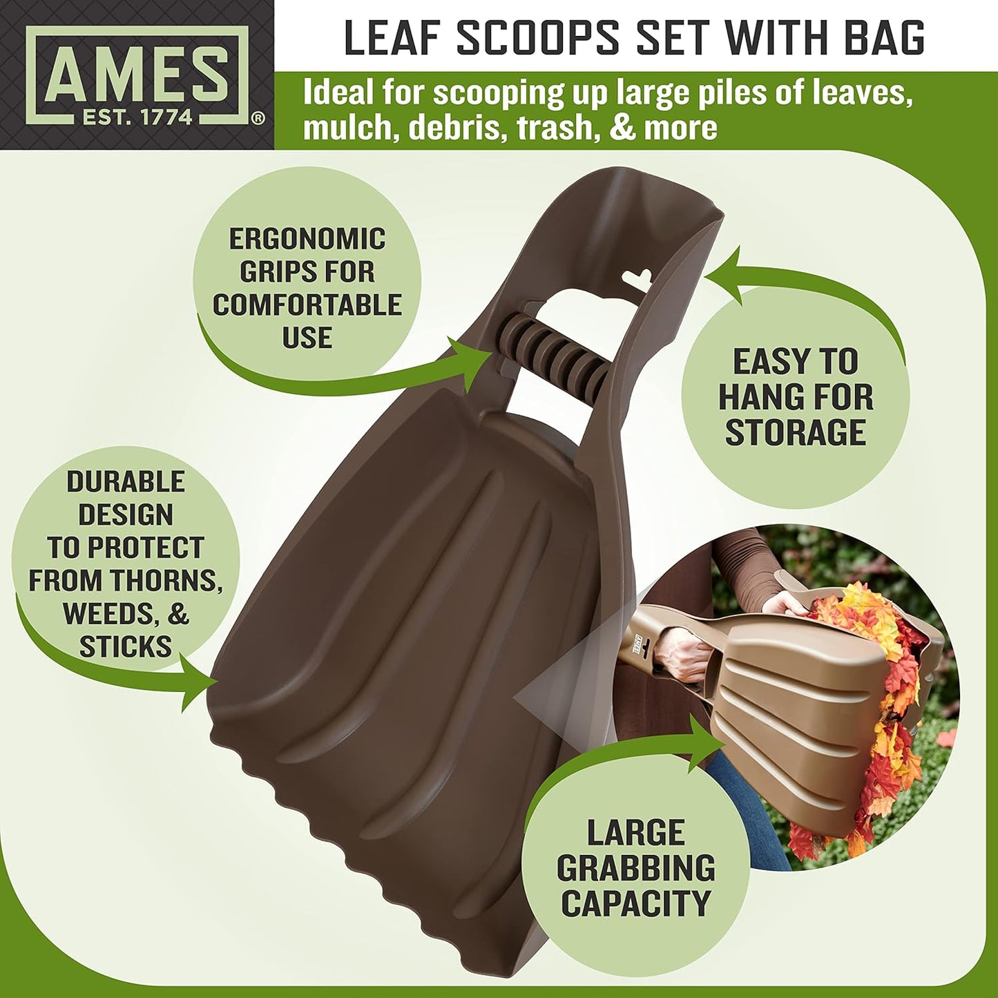 AMES Leaf Scoops Hand Rake Set with Collapsible Pop-Up Garden Waste Bag for Collecting Leaves, Mulch and Debris