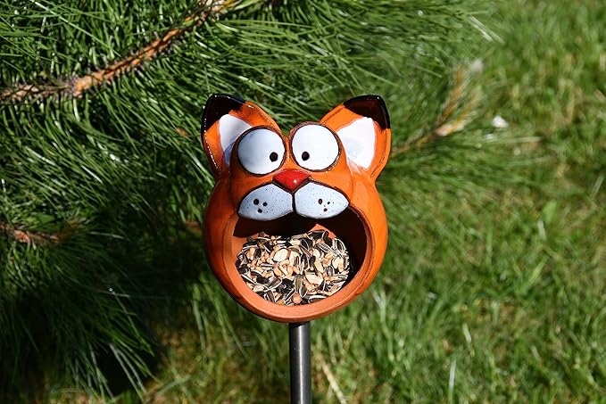 Ceramic Garden Decor - Cat Lawn Stake - Bird Feeder - Outdoor Statue - Perfect, Unique Gifts for Gardeners Woman, Men - Handmade, Frostproof
